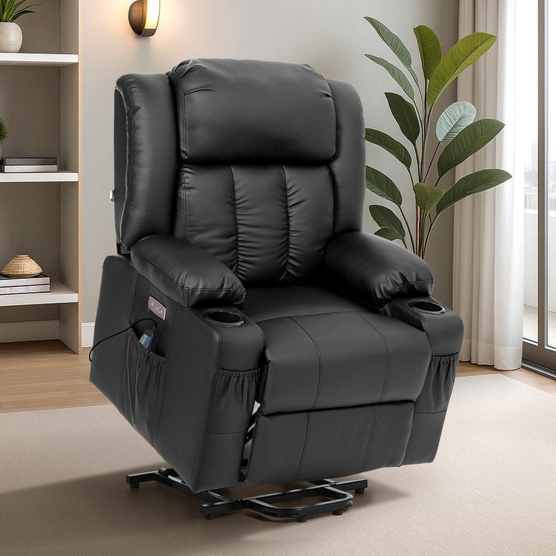 Oikiture Electric Lift Massage Armchair With 2 Charge Ports Black