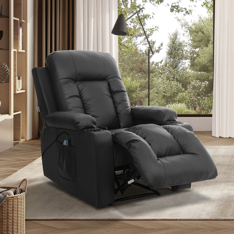 Oikiture Recliner Heated Massage Armchair Lounge Sofa PU Leather Black