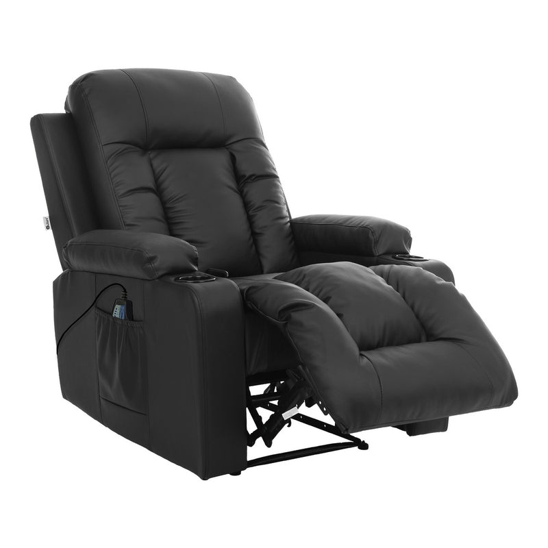 Oikiture Recliner Heated Massage Armchair Lounge Sofa PU Leather Black