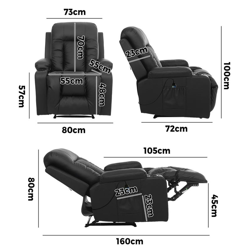 Oikiture Recliner Heated Massage Armchair Lounge Sofa PU Leather Black