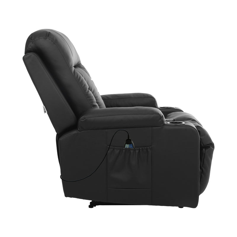 Oikiture Recliner Heated Massage Armchair Lounge Sofa PU Leather Black
