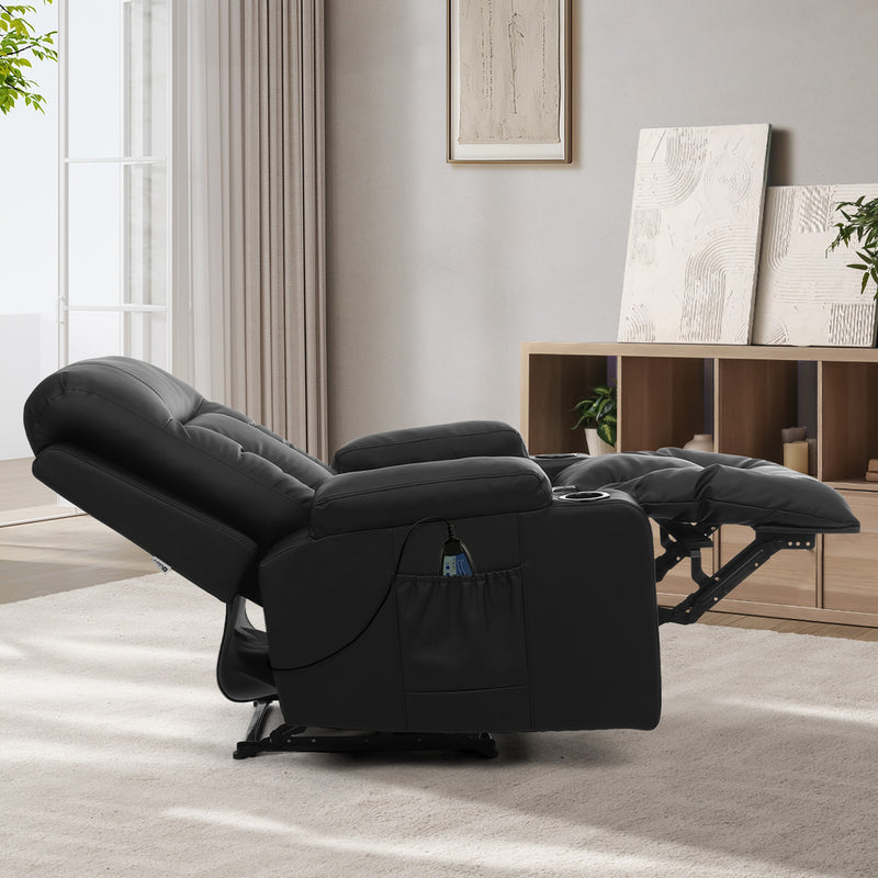 Oikiture Recliner Heated Massage Armchair Lounge Sofa PU Leather Black