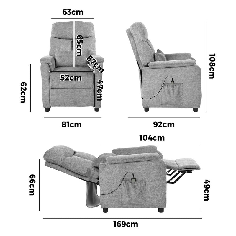 Oikiture Recliner Chair Adjustable Fabric Lounge Sofa Grey
