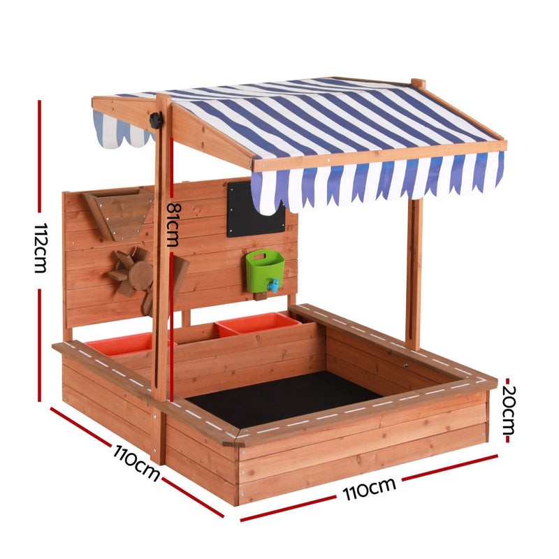 Keezi Kids Sandpit Wooden Canopy Sandbox With Cover Funnel Outdoor Toys 110cm