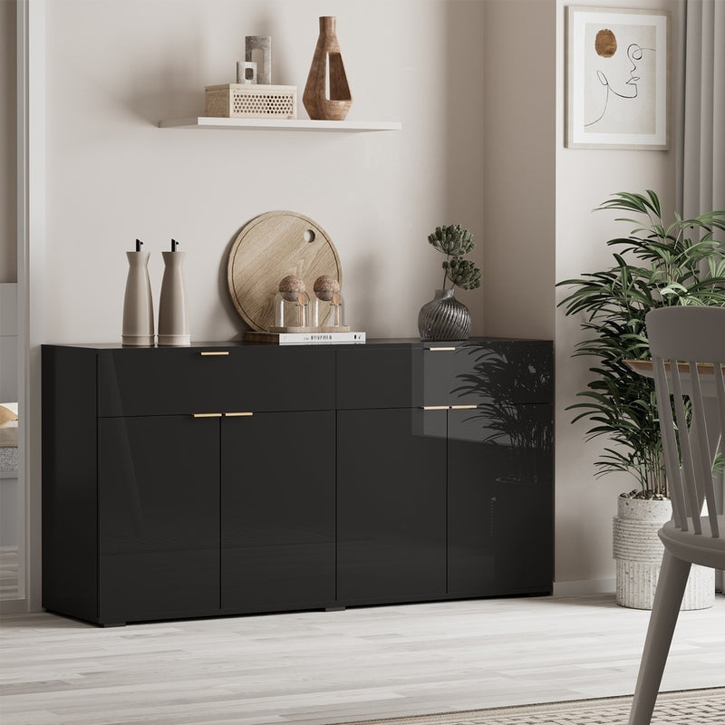Oikiture Sideboard High Gloss 4 Doors 2 Drawers Black