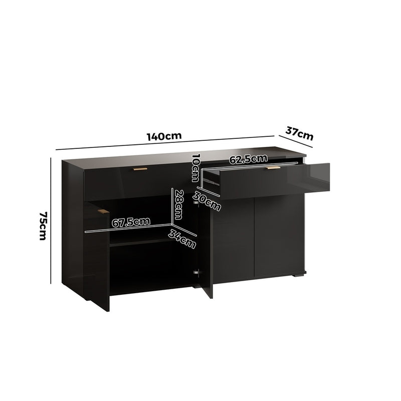 Oikiture Sideboard High Gloss 4 Doors 2 Drawers Black