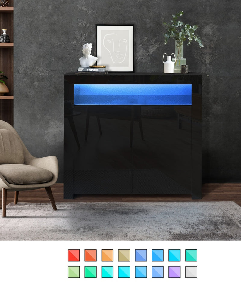 Oikiture Buffet Sideboard LED RGB High Gloss 2 Doors Black