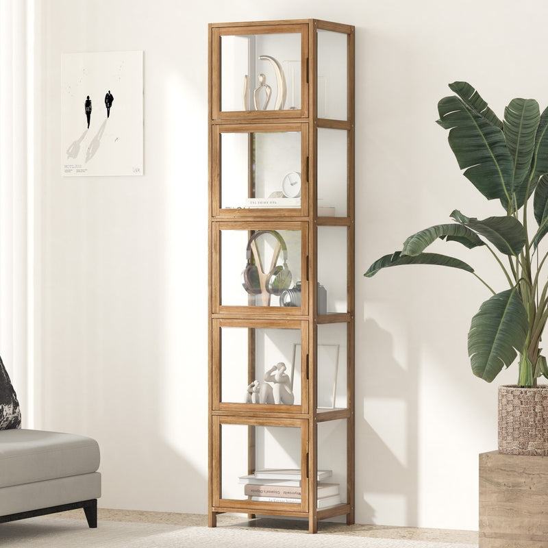 Oikiture Display Cabinet 5-Tier Slim Storage Shelves Brown