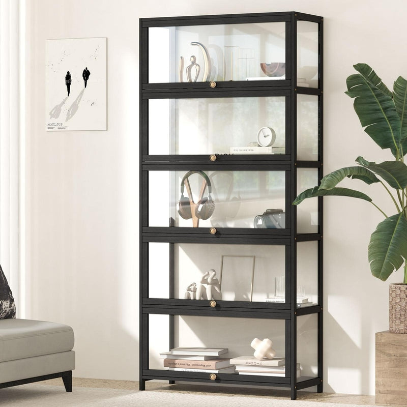 Oikiture Display Cabinet 5 Tiers Clear Door Black