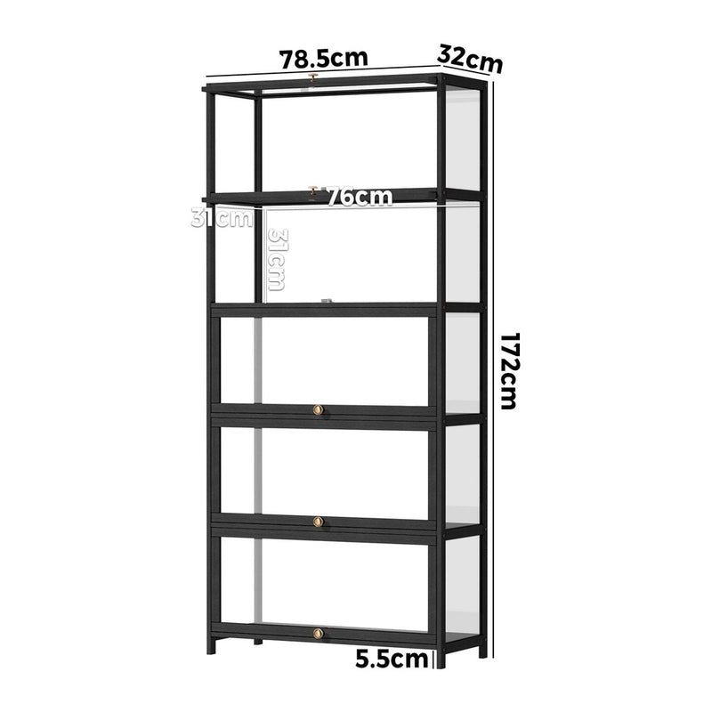 Oikiture Display Cabinet 5 Tiers Clear Door Black