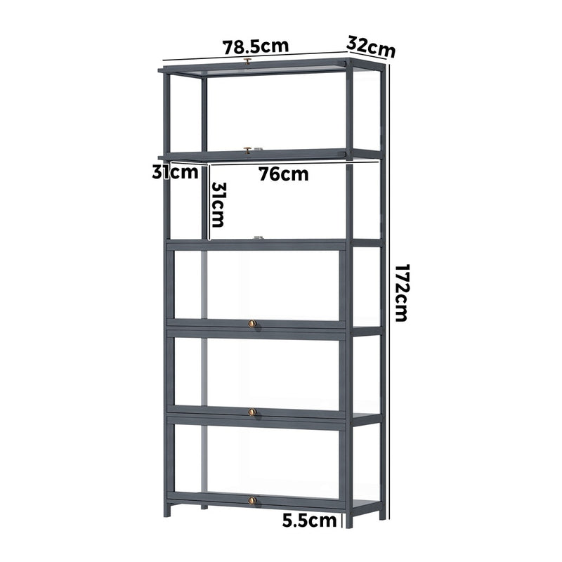 Oikiture Display Cabinet 5 Tiers Clear Door Grey