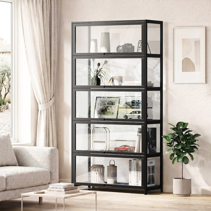 Oikiture Storage 5-Tier Shelves Display Cabinet Tall Bookcase Black