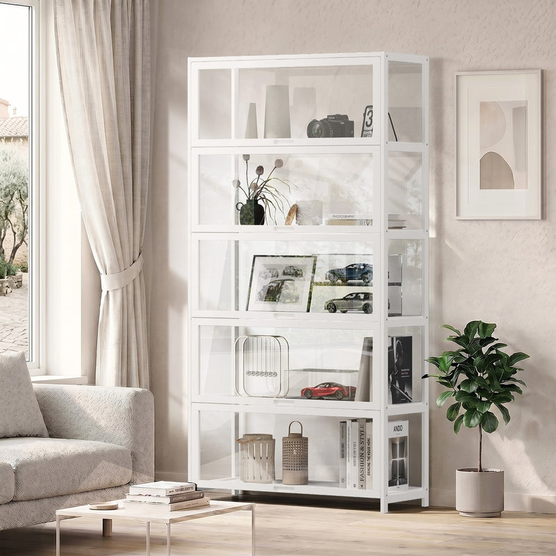 Oikiture Storage 5-Tier Shelves Display Cabinet Tall Bookcase White