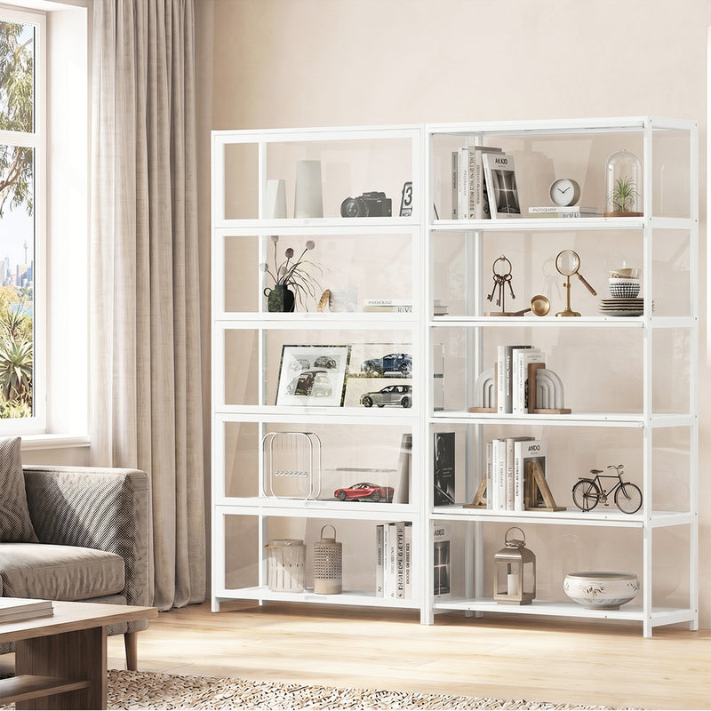 Oikiture Storage 5-Tier Shelves Display Cabinet Tall Bookcase White