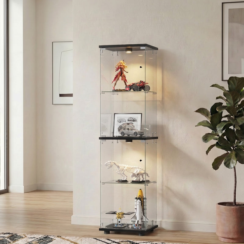 Oikiture Glass Display Cabinet 4-Tier LED Light Bookcase Clear Black