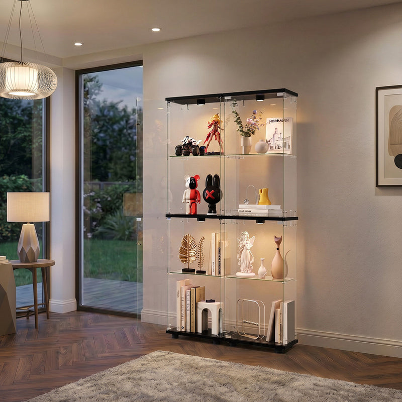 Oikiture Glass Display Cabinet 4-Tier LED Light Bookcase Clear Black