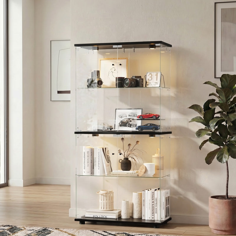 Oikiture Glass Display Cabinet 4-Tier LED Light Bookcase 2 Doors Black