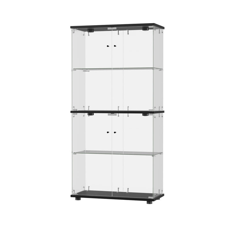 Oikiture Glass Display Cabinet 4-Tier LED Light Bookcase 2 Doors Black
