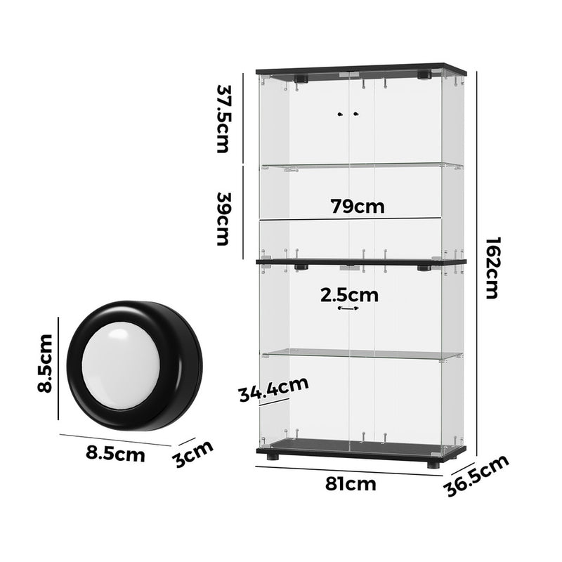 Oikiture Glass Display Cabinet 4-Tier LED Light Bookcase 2 Doors Black