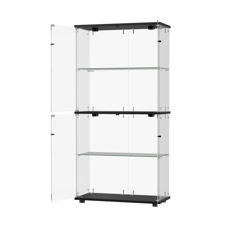 Oikiture Glass Display Cabinet 4-Tier LED Light Bookcase 2 Doors Black