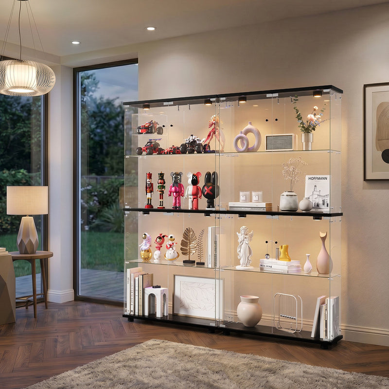 Oikiture Glass Display Cabinet 4-Tier LED Light Bookcase 2 Doors Black