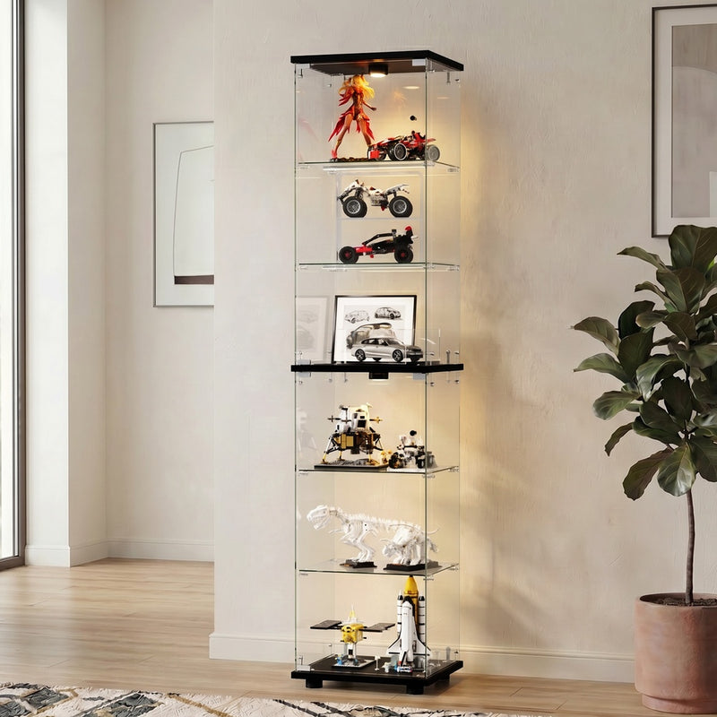 Oikiture Glass Display Cabinet 6-Tier LED Light Bookcase Clear Black