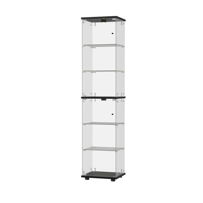 Oikiture Glass Display Cabinet 6-Tier LED Light Bookcase Clear Black