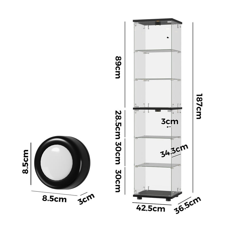 Oikiture Glass Display Cabinet 6-Tier LED Light Bookcase Clear Black