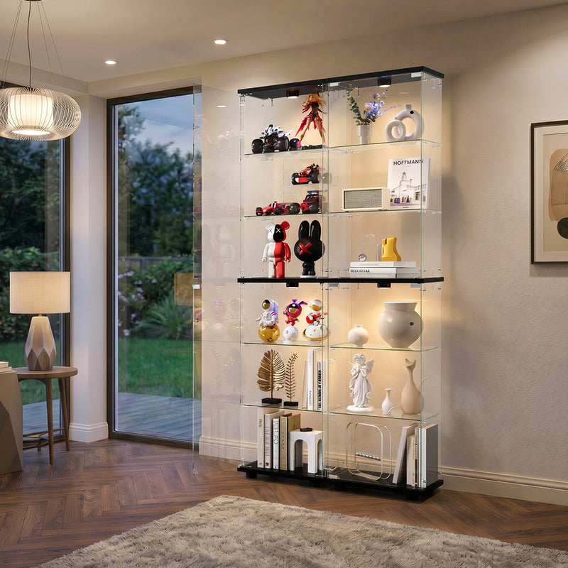 Oikiture Glass Display Cabinet 6-Tier LED Light Bookcase Clear Black
