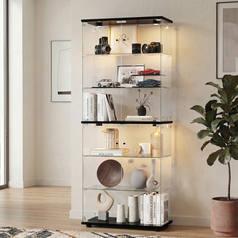 Oikiture Glass Display Cabinet 6-Tier LED Light Bookcase 2 Doors Black