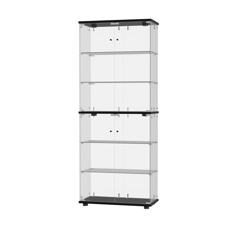 Oikiture Glass Display Cabinet 6-Tier LED Light Bookcase 2 Doors Black