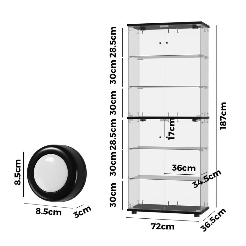 Oikiture Glass Display Cabinet 6-Tier LED Light Bookcase 2 Doors Black