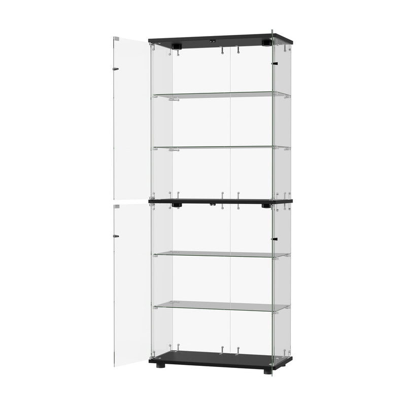 Oikiture Glass Display Cabinet 6-Tier LED Light Bookcase 2 Doors Black