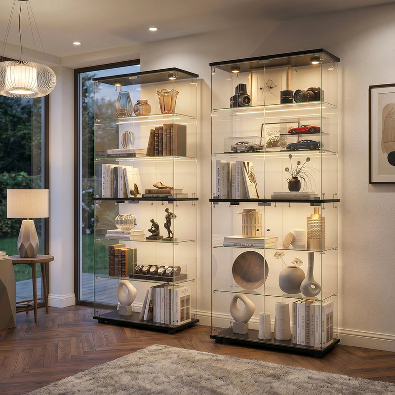 Oikiture Glass Display Cabinet 6-Tier LED Light Bookcase 2 Doors Black
