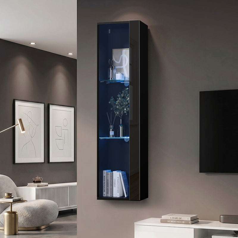 Oikiture Wall Mounted Display Cabinet LED High Gloss Cupboard Black