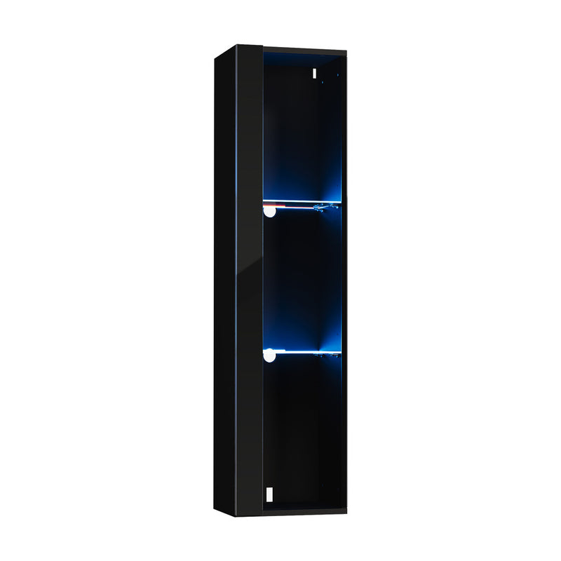 Oikiture Wall Mounted Display Cabinet LED High Gloss Cupboard Black
