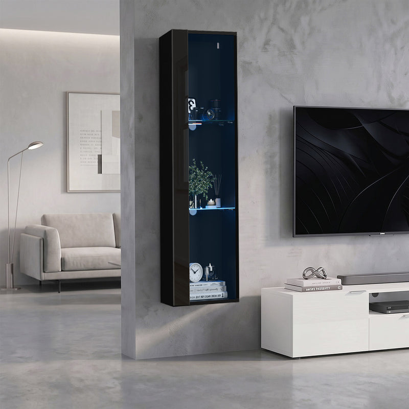 Oikiture Wall Mounted Display Cabinet LED High Gloss Cupboard Black
