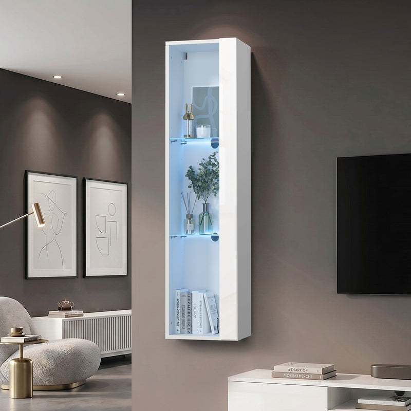 Oikiture Wall Mounted Display Cabinet LED High Gloss Cupboard Whtie