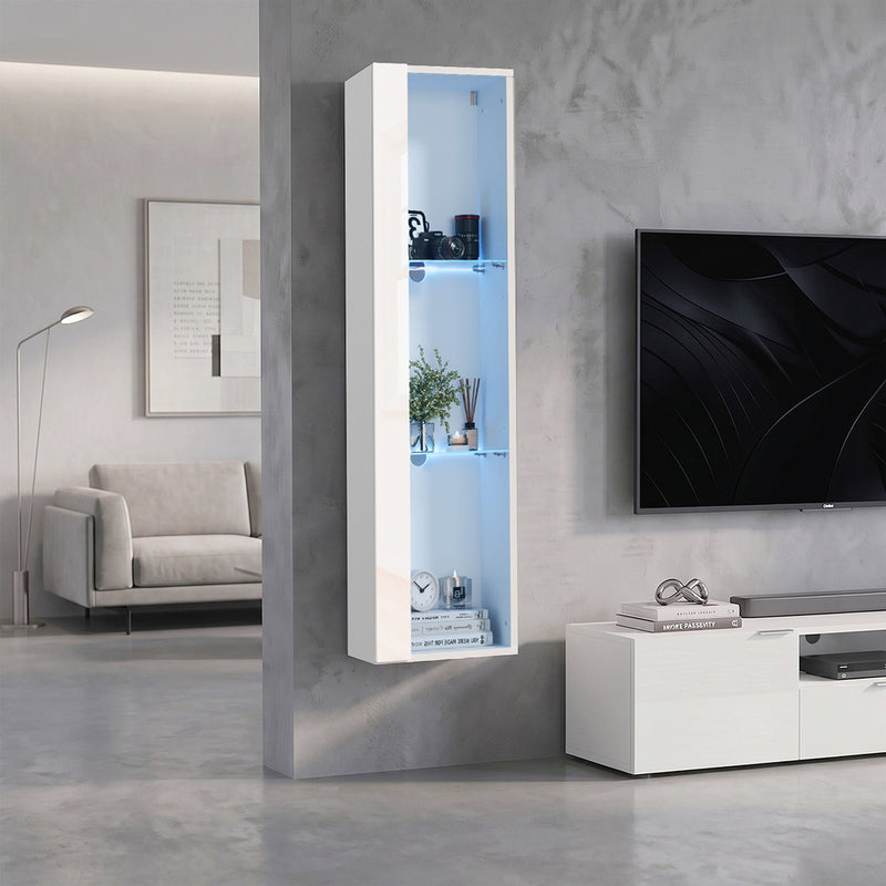 Oikiture Wall Mounted Display Cabinet LED High Gloss Cupboard Whtie