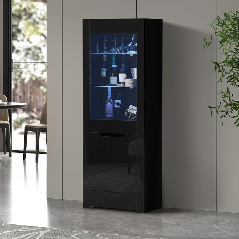Oikiture Display Cabinet Sideboard High Gloss Cupboard LED Black