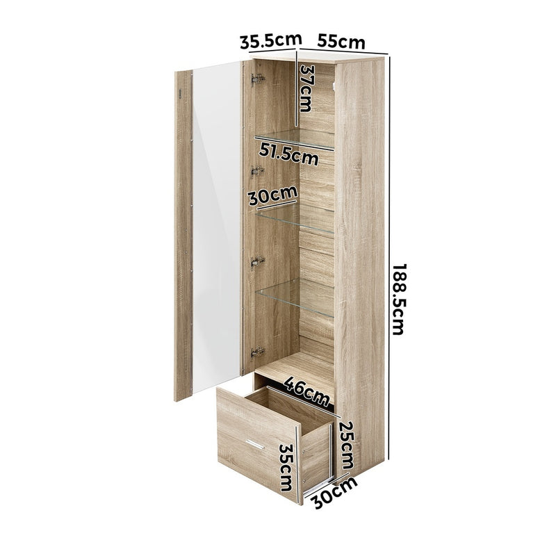 Oikiture Display Cabinet Buffet Sideboard LED Light High Gloss Door Natural
