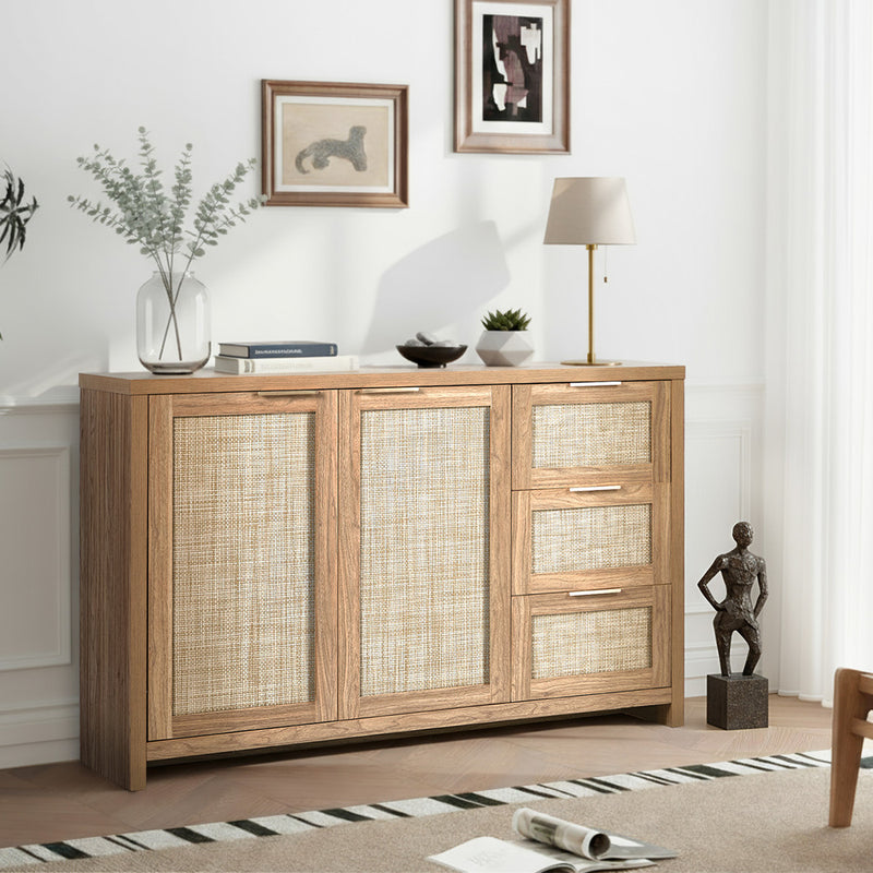 Oikiture Buffet Sideboard Cabinet Rattan 3 Drawer Hallway Table