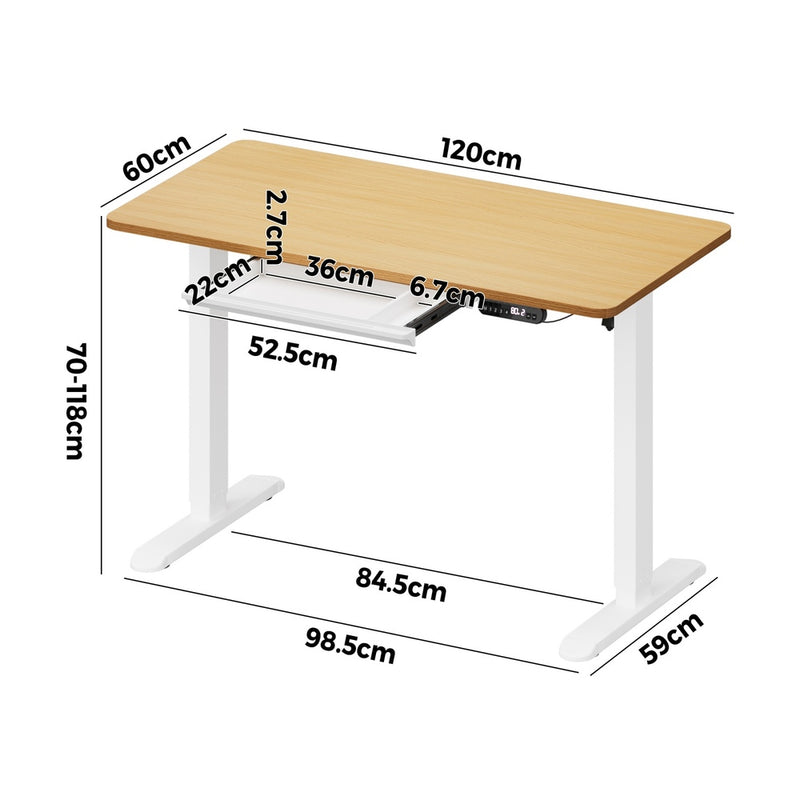 Oikiture 120CM Electric Standing Desk with Drawer Height Adjustable White & Oak