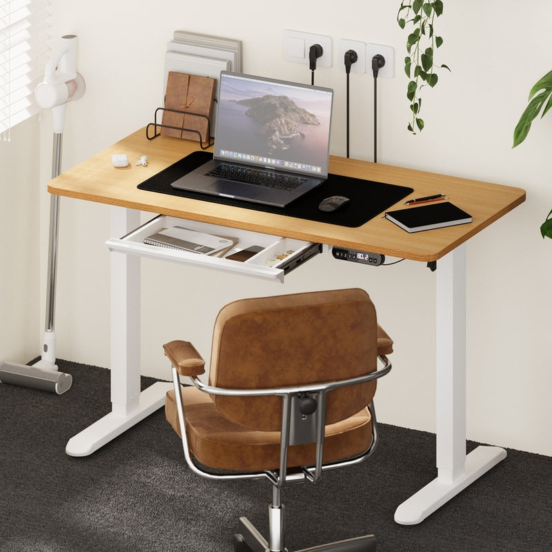 Oikiture 140cm Electric Standing Desk With Drawer Adjustable White