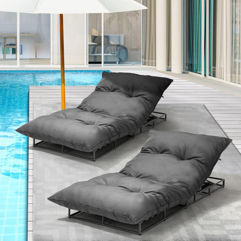 Livsip Outdoor Sun Bed Metal Frame Grey Cushion X2
