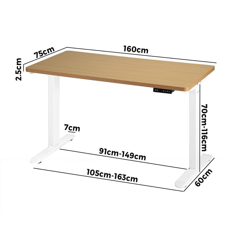 OIKITURE Sit Stand Desk Motorised Adjustable 160cm White&Oak