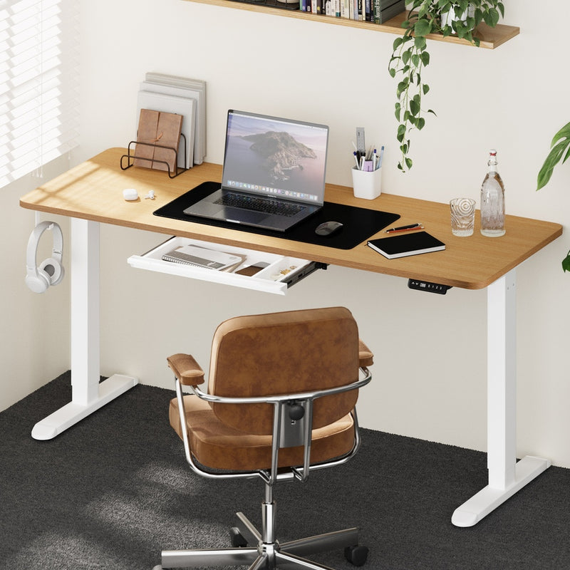 Oikiture 160cm Standing Desk With Drawer Motorized Adjustable White