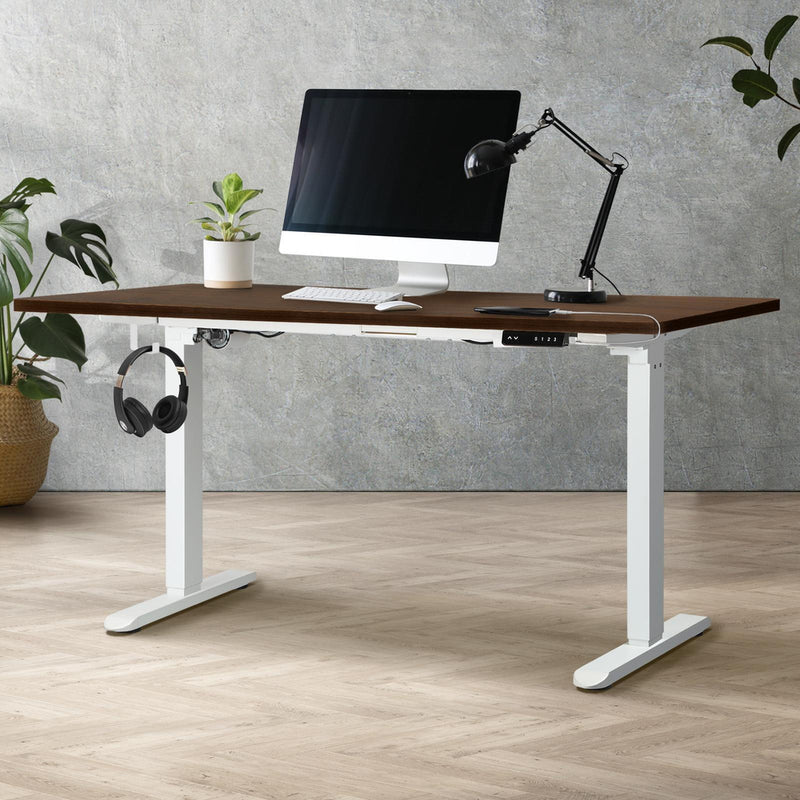 OIKITURE Sit Stand Desk Motorised Adjustable 160cm White&Walnut