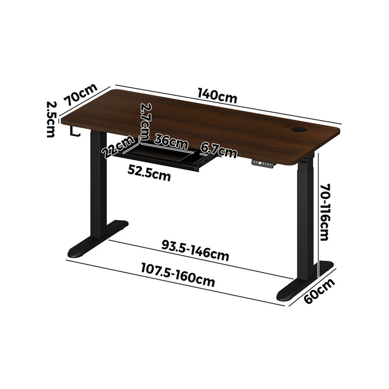 Oikiture 140cm Electric Standing Desk with Drawer Adjustable Black Walnut