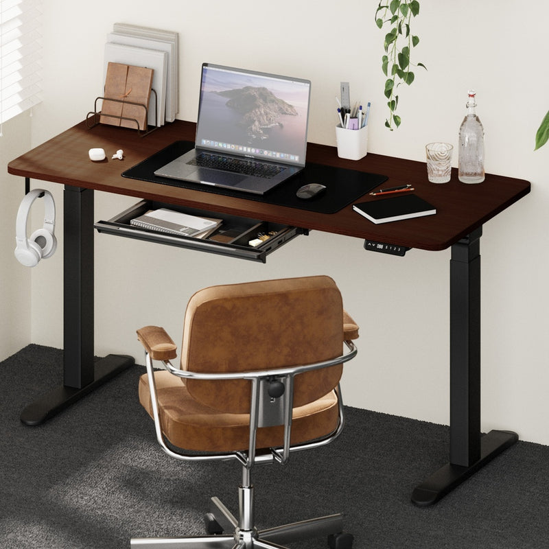 Oikiture 150cm Electric Standing Desk with Drawer Adjustable Black Walnut
